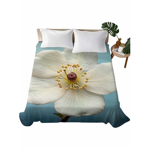 Queen Size Flat Sheet Only, Close-up Flower Soft Brushed Microfiber Bed Sheets, Spring Floral Blue Painting Backdrop Hotel Quality Breathable Bedding Top Sheet, Easy Care, 90"x102"