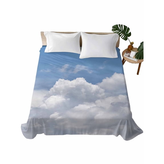 Queen Size Flat Sheet Only, Clouds Soft Brushed Microfiber Bed Sheets, Blue White Sky Natural Landscape Hotel Quality Breathable Bedding Top Sheet, Easy Care, 90"x102"