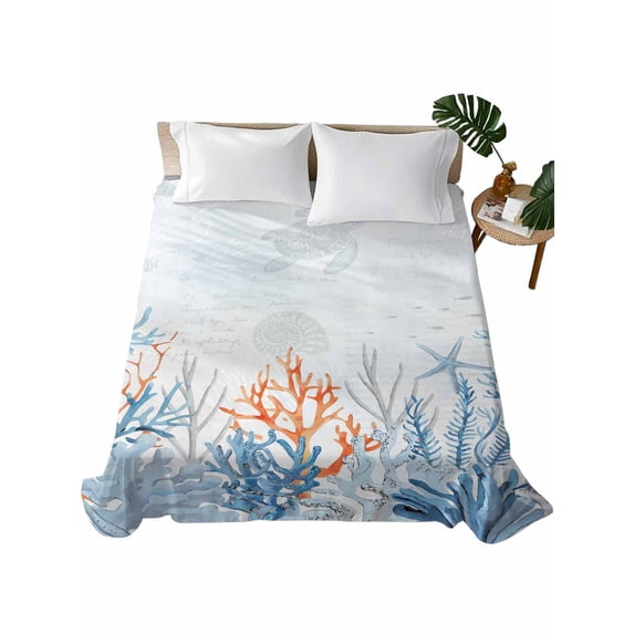 Queen Size Flat Sheet Only, Coastal Coral Soft Brushed Microfiber Bed Sheets, Blue Ocean Starfish Turtle Watercolor Hotel Quality Breathable Bedding Top Sheet, Easy Care, 90"x102"