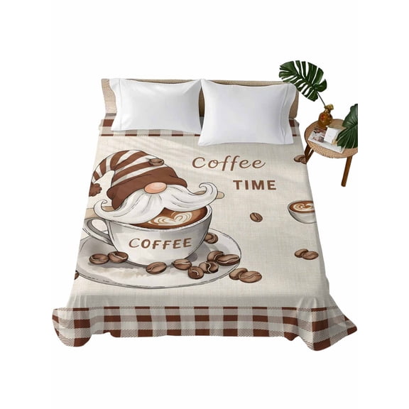 Queen Size Flat Sheet Only, Coffee Gnomes Soft Brushed Microfiber Bed Sheets, Farmhouse Brown Plaid Teacup Beans Hotel Quality Breathable Bedding Top Sheet, Easy Care, 90"x102"