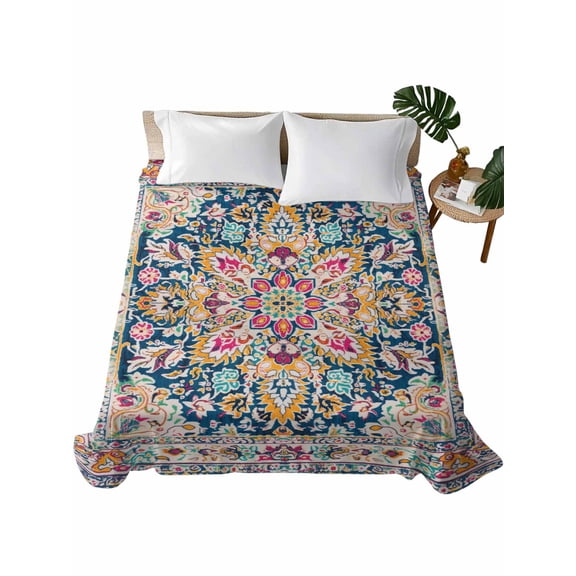 Queen Size Flat Sheet Only, Colorful Boho Soft Brushed Microfiber Bed Sheets, Ethnic Vintage Mexican Flowers Southwestern Hotel Quality Breathable Bedding Top Sheet, Easy Care, 90"x102"