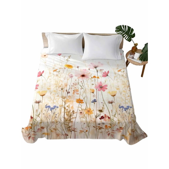 Queen Size Flat Sheet Only, Colorful Wildflower Soft Brushed Microfiber Bed Sheets, Botanical Vintage Floral Country Retro Hotel Quality Breathable Bedding Top Sheet, Easy Care, 90"x102"