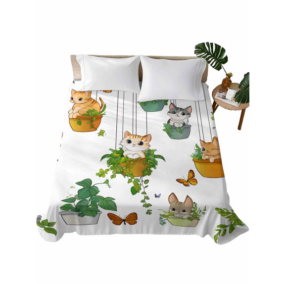 Queen Size Flat Sheet Only, Cute Cartoon Soft Brushed Microfiber Bed Sheets, Cat Butterfly Spring Floral Botanical Hotel Quality Breathable Bedding Top Sheet, Easy Care, 90"x102"