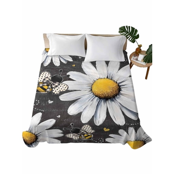 Queen Size Flat Sheet Only, Daisy Bee Soft Brushed Microfiber Bed Sheets, Summer Botanical Farmhouse Flower Plants Hotel Quality Breathable Bedding Top Sheet, Easy Care, 90"x102"