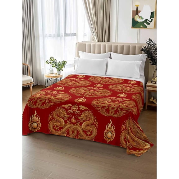 King Size Flat Sheet Only,Dragon Chinese New Year Soft Top Bed Sheets Breathable Bedding Sheet Vintage Red Backdrop Microfiber Hotel Luxury Top Sheets