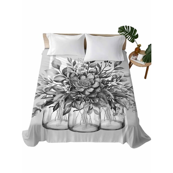 Queen Size Flat Sheet Only, Eucalyptus Gray Soft Brushed Microfiber Bed Sheets, Stripes Bottle Flower Cactus Plant Hotel Quality Breathable Bedding Top Sheet, Easy Care, 90"x102"