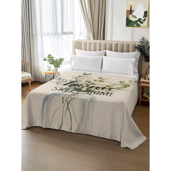 King Size Flat Sheet Only,Eucalyptus Leaves and Home Quote Soft Top Bed Sheets Breathable Bedding Sheet Botanical Branch on Burlap Cotton Microfiber Hotel Luxury Top Sheets