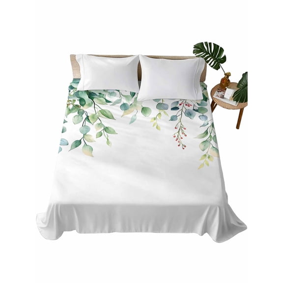 Queen Size Flat Sheet Only, Eucalyptus Leaves Soft Brushed Microfiber Bed Sheets, Green Botanical Summer Spring Hotel Quality Breathable Bedding Top Sheet, Easy Care, 90"x102"