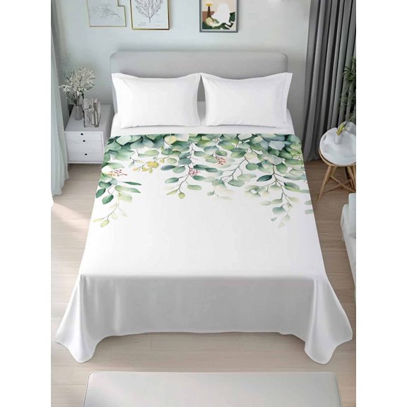 Queen Size Flat Sheet Only, Eucalyptus Leaves Soft Brushed Microfiber Bed Sheets, Spring Summer Watercolor Botanical Hotel Quality Breathable Bedding Top Sheet, Easy Care, 90"x102"