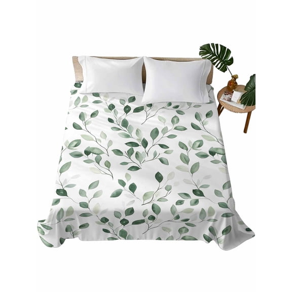 Queen Size Flat Sheet Only, Eucalyptus Leaves Soft Brushed Microfiber Bed Sheets, Watercolor Summer Botanical Green Hotel Quality Breathable Bedding Top Sheet, Easy Care, 90"x102"