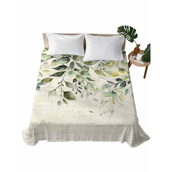 Queen Size Flat Sheet Only, Eucalyptus Leaves Soft Brushed Microfiber Bed Sheets, Watercolor Weeping Teal Botanical Vintage Hotel Quality Breathable Bedding Top Sheet, Easy Care, 90"x102"