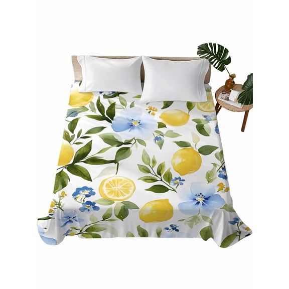 Queen Size Flat Sheet Only, Eucalyptus Lemon Soft Brushed Microfiber Bed Sheets, Sage Green Leaf Blue Flower Fruit Hotel Quality Breathable Bedding Top Sheet, Easy Care, 90"x102"