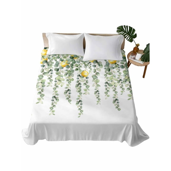 Queen Size Flat Sheet Only, Eucalyptus Lemon Soft Brushed Microfiber Bed Sheets, Sage Green Plant Leaf Yellow Fruit Hotel Quality Breathable Bedding Top Sheet, Easy Care, 90"x102"