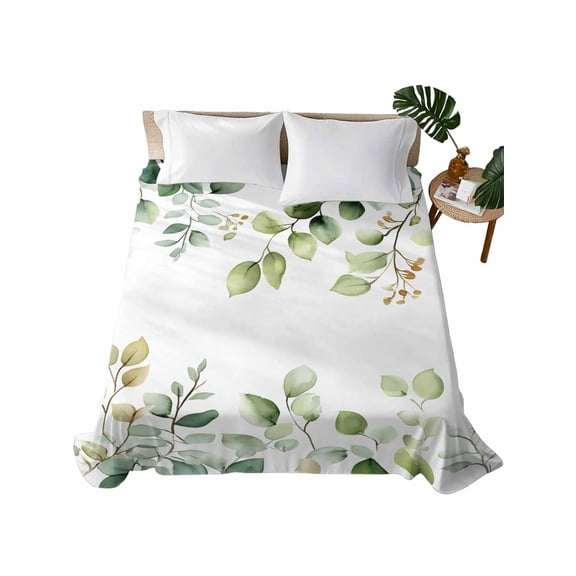 Queen Size Flat Sheet Only, Eucalyptus Soft Brushed Microfiber Bed Sheets, Sage Green Brown Leaf Boho Minimalist White Hotel Quality Breathable Bedding Top Sheet, Easy Care, 90"x102"