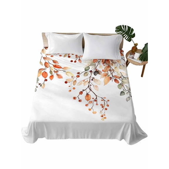 Queen Size Flat Sheet Only, Fall Leaves Soft Brushed Microfiber Bed Sheets, Farmhouse Orange Eucalyptus Leaf Floral Hotel Quality Breathable Bedding Top Sheet, Easy Care, 90"x102"