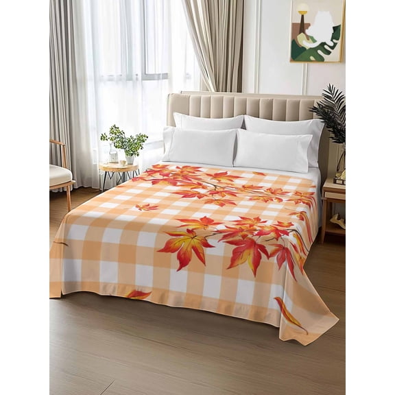King Size Flat Sheet Only,Fall Maple Leaf Buffalo Plaid Soft Top Bedding Sheet Hotel Luxury Flat Sheets Rustic Leaves Orange Checkered