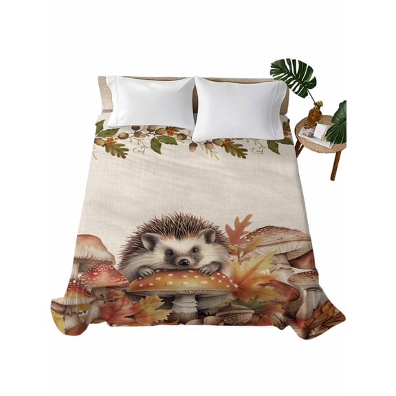 Queen Size Flat Sheet Only, Fall Mushroom Hedgehog Soft Brushed Microfiber Bed Sheets, Thanksgiving Rustic Hotel Quality Breathable Bedding Top Sheet, Easy Care, 90"x102"