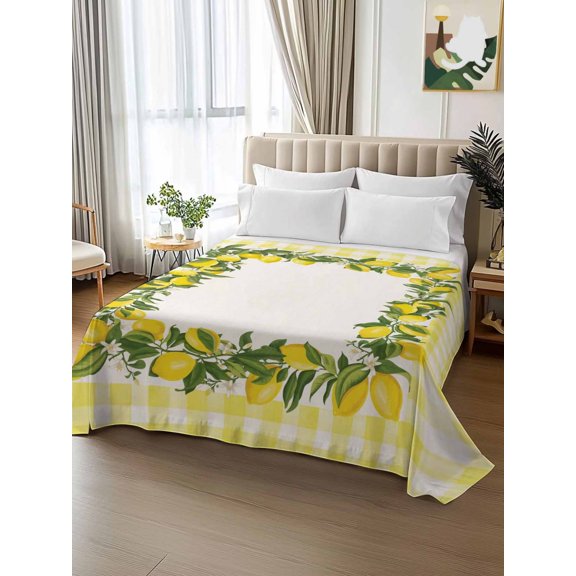 King Size Flat Sheet Only,Farm Summer Lemon Soft Breathable Top Bedding Sheets Yellow Check Border Microfiber Hotel Flat Sheets