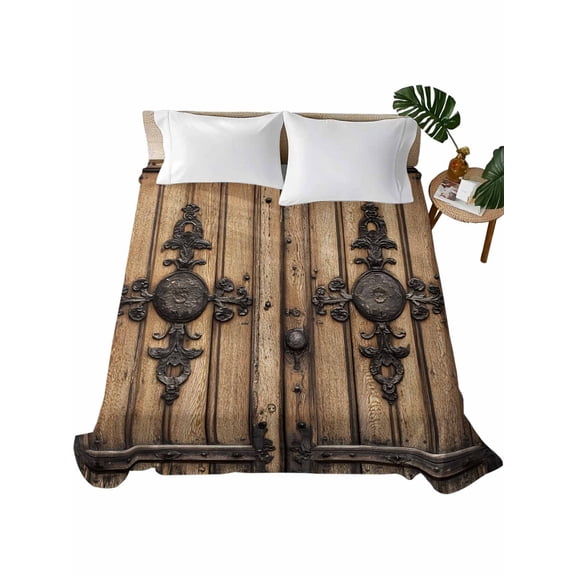 Queen Size Flat Sheet Only, Farmhouse Brown Soft Brushed Microfiber Bed Sheets, Rustic Wooden Historical Barn Door Plank Hotel Quality Breathable Bedding Top Sheet, Easy Care, 90"x102"