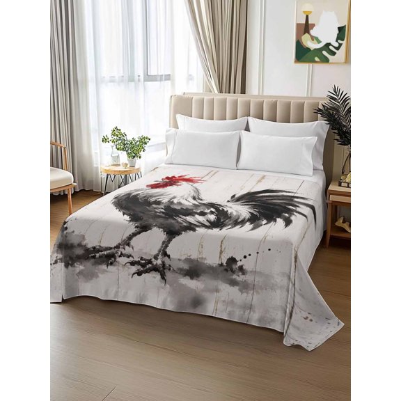 King Size Flat Sheet Only,Farmhouse Chicken Wood Plank Soft Top Bed Sheets Breathable Bedding Sheet Watercolor Farm Rooster Microfiber Hotel Luxury Top Sheets