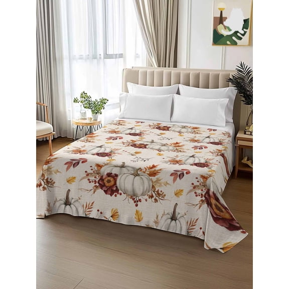 King Size Flat Sheet Only,Farmhouse Maple Leaf Pumpkin Soft Top Bed Sheets Breathable Bedding Sheet Thanksgiving Fall Plant Linen Microfiber Hotel Luxury Top Sheets