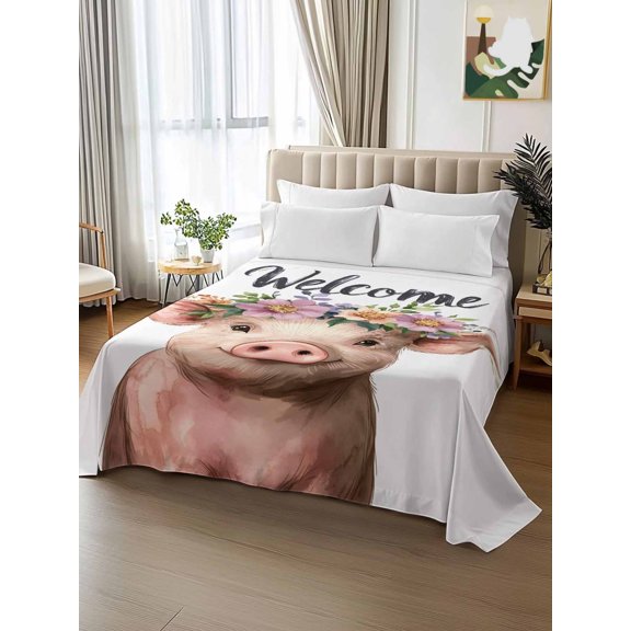 King Size Flat Sheet Only,Farmhouse Pig with Wreath Soft Top Bed Sheets Breathable Bedding Sheet Pastoral Flower Farm Microfiber Hotel Luxury Top Sheets