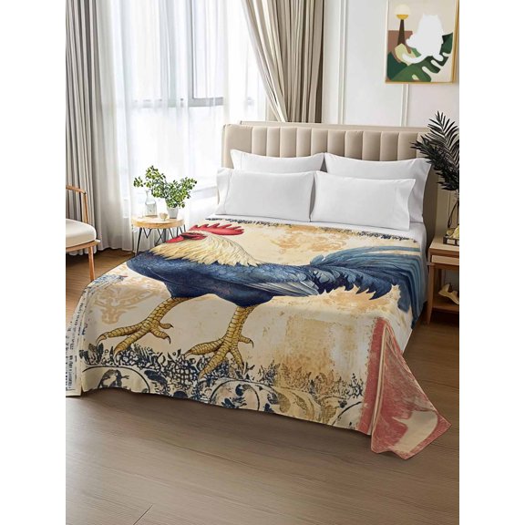 King Size Flat Sheet Only,Farmhouse Retro Rooster Soft Top Bed Sheets Breathable Bedding Sheet Watercolor Country Chicken Microfiber Hotel Luxury Top Sheets