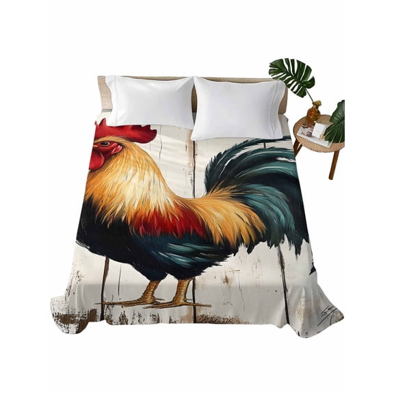 Queen Size Flat Sheet Only, Farmhouse Rooster Soft Brushed Microfiber Bed Sheets, Vintage Farm Animals Green Red Hotel Quality Breathable Bedding Top Sheet, Easy Care, 90"x102"