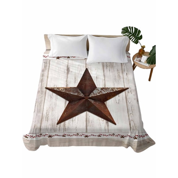 King Size Flat Sheet Only, Farmhouse Soft Brushed Microfiber Bed Sheets, Rustic Brown Country Star Barn Berry Wooden Hotel Quality Breathable Bedding Top Sheet, Easy Care, 90"x102"