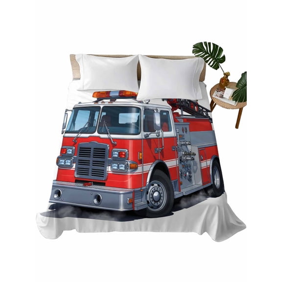 Queen Size Flat Sheet Only, Fire Trucks Soft Brushed Microfiber Bed Sheets, Modern Cartoons Vehicles Hotel Quality Breathable Bedding Top Sheet, Easy Care, 90"x102"