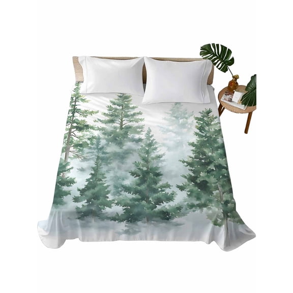 Queen Size Flat Sheet Only, Forest Green Soft Brushed Microfiber Bed Sheets, Spring Summer Watercolor Pine Tree Hotel Quality Breathable Bedding Top Sheet, Easy Care, 90"x102"
