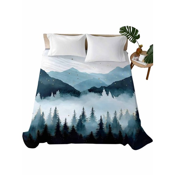 Queen Size Flat Sheet Only, Forest Mountain Soft Brushed Microfiber Bed Sheets, Vintage Peak Nature Sky Star Landscape Hotel Quality Breathable Bedding Top Sheet, Easy Care, 90"x102"