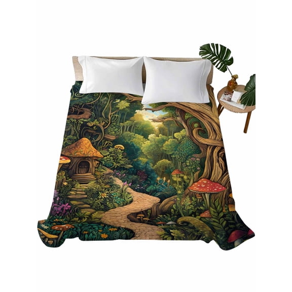 Queen Size Flat Sheet Only, Forest Soft Brushed Microfiber Bed Sheets, Vintage Cottage Mushroom Tree Floral Green Hotel Quality Breathable Bedding Top Sheet, Easy Care, 90"x102"