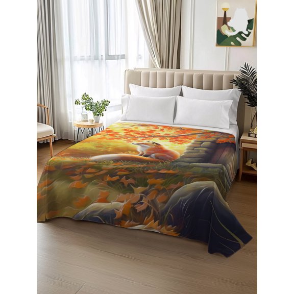 King Size Flat Sheet Only,Fox Autumn Orange Leaves Watercolor Maple Leaf Soft Top Bed Sheets Breathable Bedding Sheet Stone House Microfiber Hotel Luxury Flat Sheets