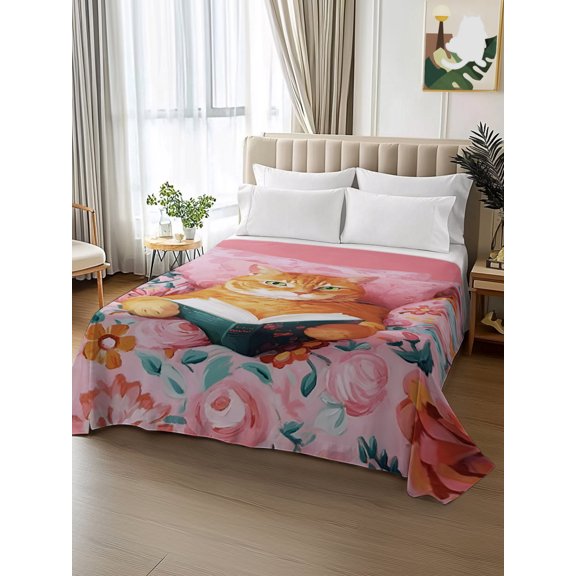 King Size Flat Sheet Only,Funny Reading Ginger Cat Soft Top Bed Sheets Breathable Bedding Sheet Boho Pink Flower Patterns Microfiber Hotel Luxury Top Sheets