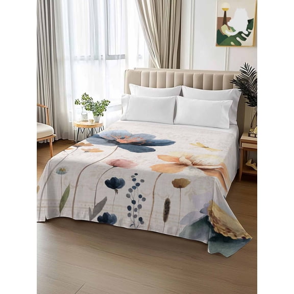 King Size Flat Sheet Only,Garden Watercolor Flower Dragonfly Soft Breathable Top Bedding Sheets Wildflowers on Retro Back Microfiber Hotel Flat Sheets