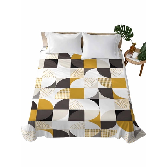 Queen Size Flat Sheet Only, Geometric, Soft Brushed Microfiber Bed Sheets, Abstract Middle Century Boho Orange Black Grey Polka Dot Hotel Quality Breathable Bedding Top Sheet, Easy Care, 90"x102"