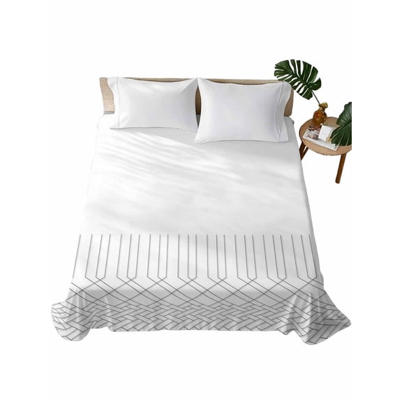 Queen Size Flat Sheet Only, Geometric Stripes, Soft Brushed Microfiber Bed Sheets, Abstract Minimalistic Bohemia Aesthetic Art Hotel Quality Breathable Bedding Top Sheet, Easy Care, 90"x102"