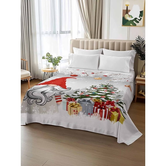 King Size Flat Sheet Only,Gnome Pine Tree Xmas Ball on Gray Soft Breathable Flat Sheets Hotel Top Bedding Sheets Winter Fir Leaves Snowflake