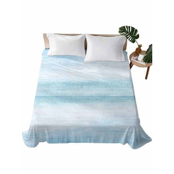 Queen Size Flat Sheet Only, Gradient Aqua Blue Soft Brushed Microfiber Bed Sheets, Modern Rustic Minimalist Pastel Solid Hotel Quality Breathable Bedding Top Sheet, Easy Care, 90"x102"