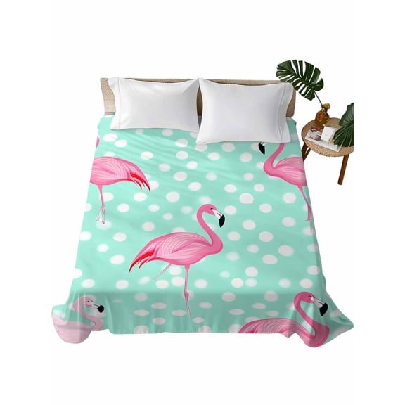 Queen Size Flat Sheet Only, Green Flamingo Soft Brushed Microfiber Bed Sheets, Polka Dot Modern Art Hotel Quality Breathable Bedding Top Sheet, Easy Care, 90"x102"