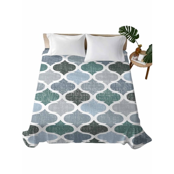 Queen Size Flat Sheet Only, Green Grey Morocco Pattern Soft Brushed Microfiber Bed Sheets, Turquoise Modern Moroccan Geometric Hotel Quality Breathable Bedding Top Sheet, Easy Care, 90"x102"