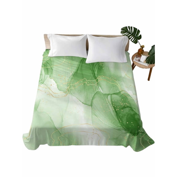Queen Size Flat Sheet Only, Green Marble Soft Brushed Microfiber Bed Sheets, Modern Abstract Art Yellow Lines Ink Painting Hotel Quality Breathable Bedding Top Sheet, Easy Care, 90"x102"