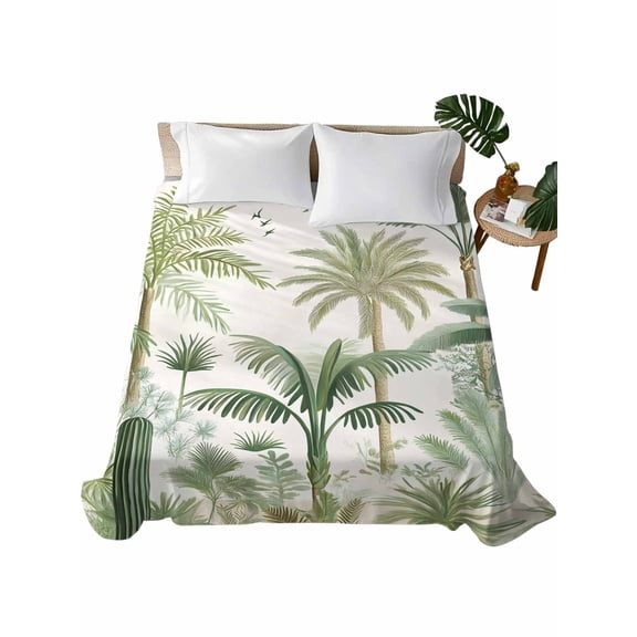 King Size Flat Sheet Only, Green Palm Trees Soft Brushed Microfiber Bed Sheets, Farmhouse Summer Leaves Plants Birds Hotel Quality Breathable Bedding Top Sheet, Easy Care, 90"x102"