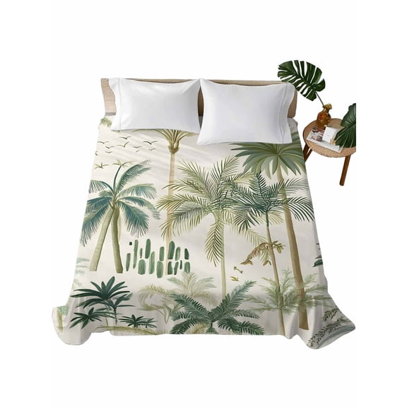 Queen Size Flat Sheet Only, Green Palm Trees Soft Brushed Microfiber Bed Sheets, Tropical Summer Botanical Hotel Quality Breathable Bedding Top Sheet, Easy Care, 90"x102"