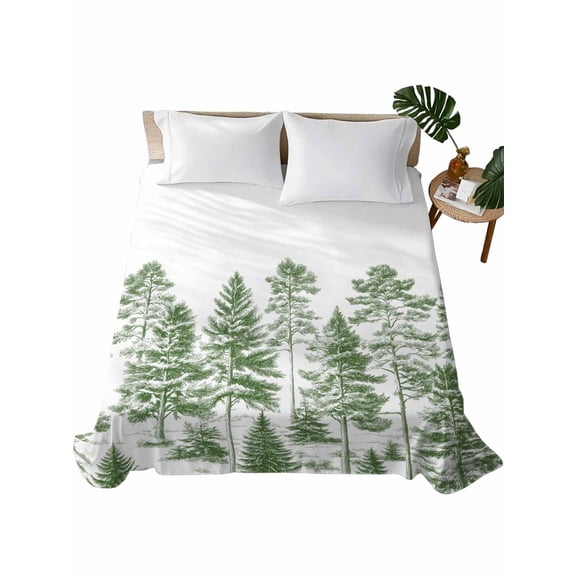 Queen Size Flat Sheet Only, Green Pine Tree Soft Brushed Microfiber Bed Sheets, Vintage Watercolor Botanical Hotel Quality Breathable Bedding Top Sheet, Easy Care, 90"x102"