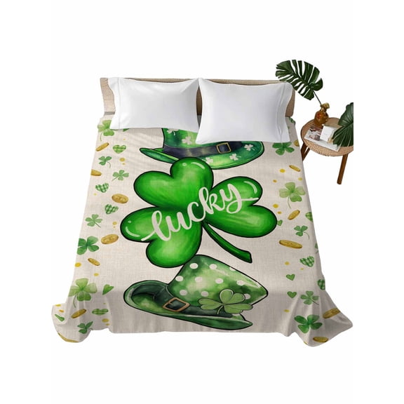 Queen Size Flat Sheet Only, Green St. Patrick's Day Soft Brushed Microfiber Bed Sheets, Lucky S Love Heart Rustic Hotel Quality Breathable Bedding Top Sheet, Easy Care, 90"x102"
