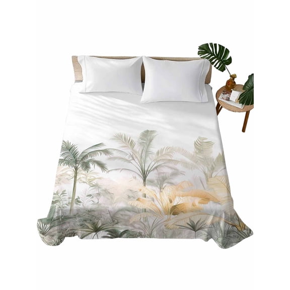 Queen Size Flat Sheet Only, Green Yellow Palm Tree Soft Brushed Microfiber Bed Sheets, Summer Botanical Tropical Hotel Quality Breathable Bedding Top Sheet, Easy Care, 90"x102"