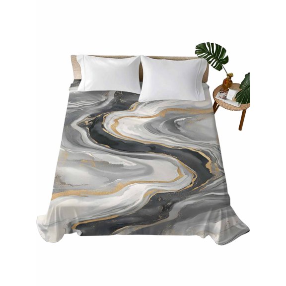 Queen Size Flat Sheet Only, Grey Ombre Marble Soft Brushed Microfiber Bed Sheets, Abstract Modern Art Hotel Quality Breathable Bedding Top Sheet, Easy Care, 90"x102"