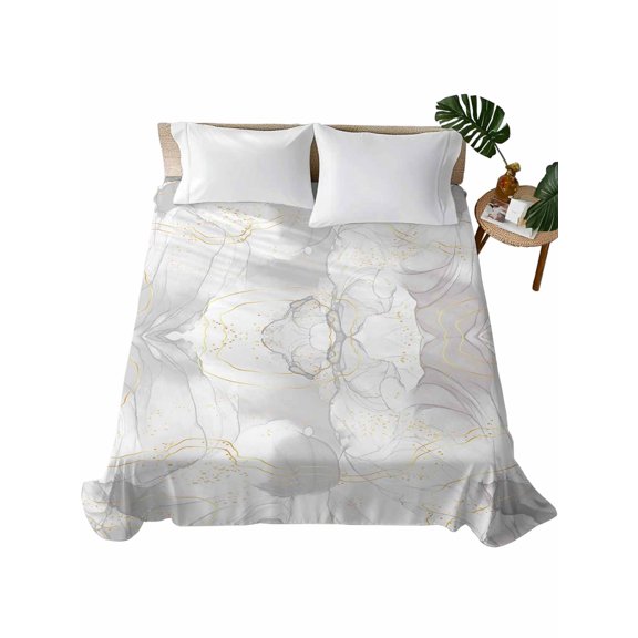 Queen Size Flat Sheet Only, Grey Ombre Marble Soft Brushed Microfiber Bed Sheets, Yellow Modern Geometric Abstract Art Hotel Quality Breathable Bedding Top Sheet, Easy Care, 90"x102"